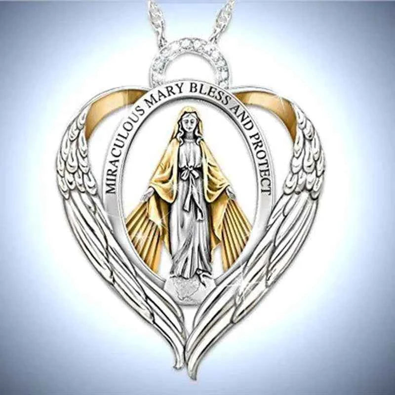 Heart Engraved Pendant Necklace, Virgin Mary Design