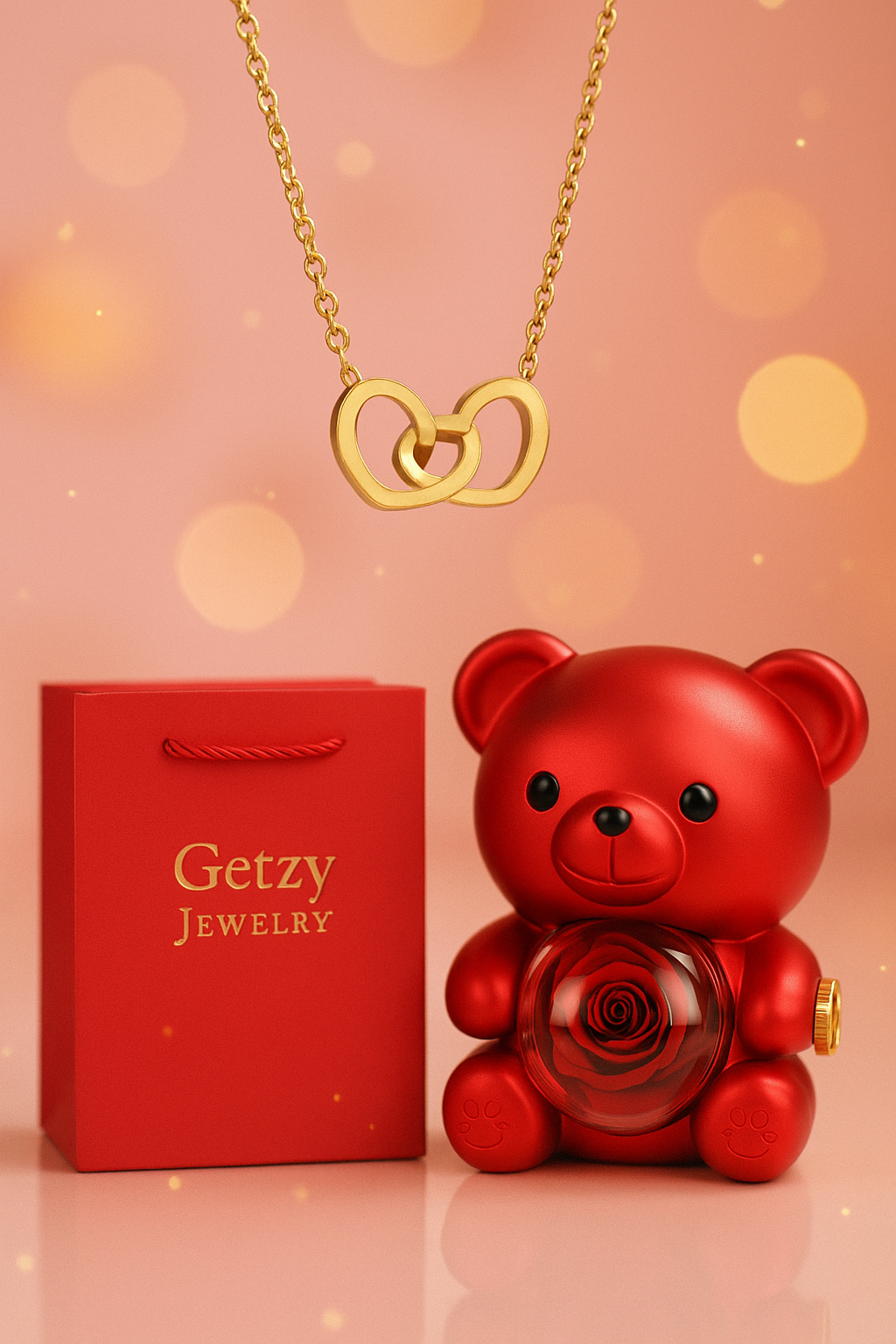 Rotating Bear with Real Rose & Double Heart Necklace Gift Box
