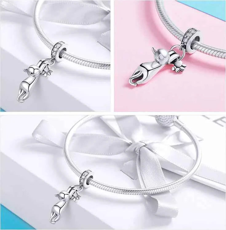 Charming Cat Pendant, S925 Silver with Zirconia Beads