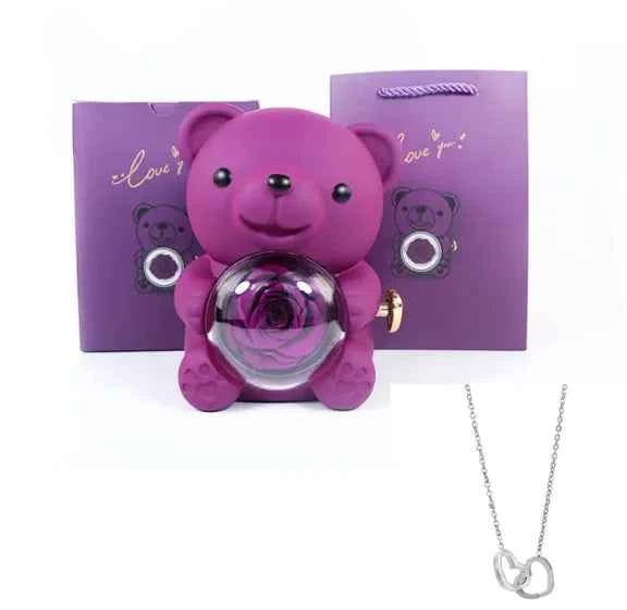 Double Heart Necklace Bear With Real Rose & Gift Box