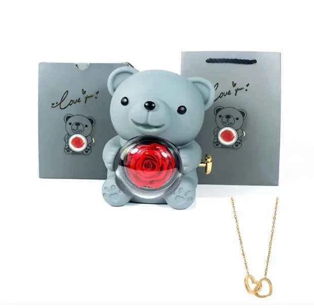 Rotating Bear with Real Rose & Double Heart Necklace Gift Box