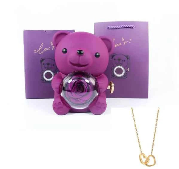 Double Heart Necklace Bear With Real Rose & Gift Box