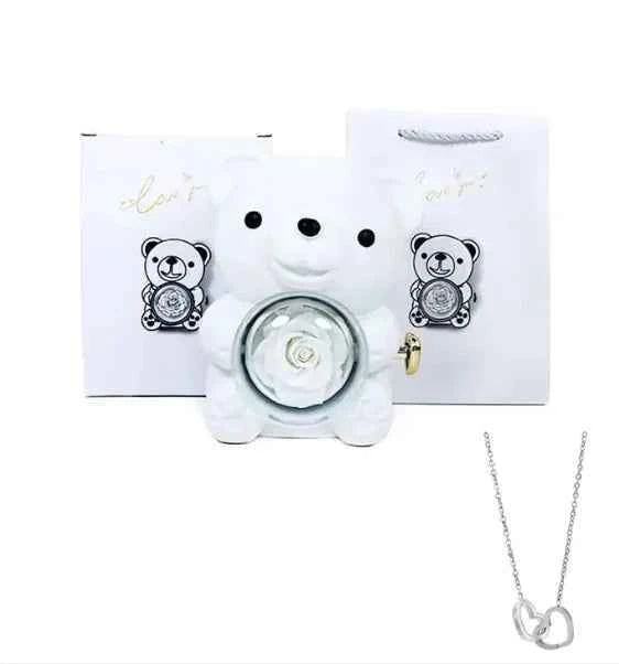 Rotating Bear with Real Rose & Double Heart Necklace Gift Box