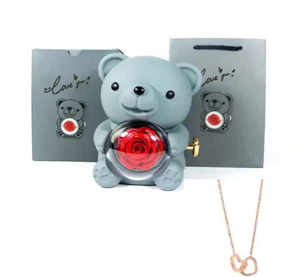 Double Heart Necklace Bear With Real Rose & Gift Box