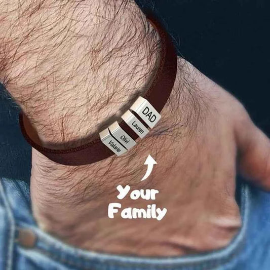 PolishedPlus Customized leather bracelet  for men  stainless steel Engrave Family Name Id Tag For Dad Gift