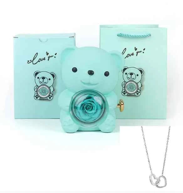Double Heart Necklace Bear With Real Rose & Gift Box