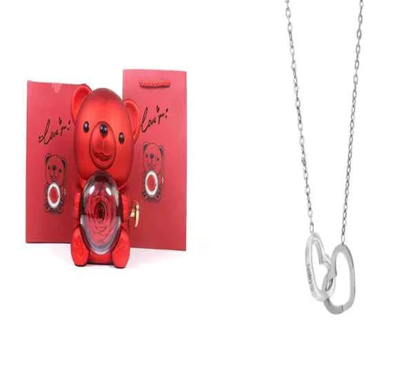 Double Heart Necklace Bear With Real Rose & Gift Box