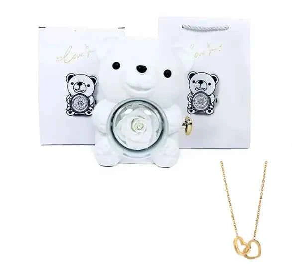 Double Heart Necklace Bear With Real Rose & Gift Box
