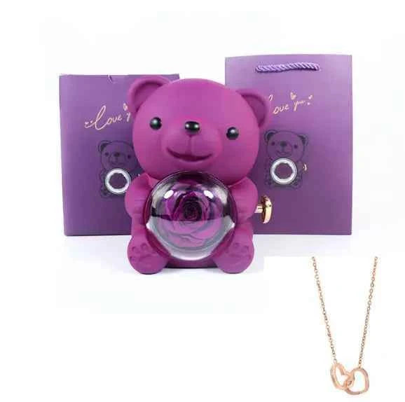 Rotating Bear with Real Rose & Double Heart Necklace Gift Box