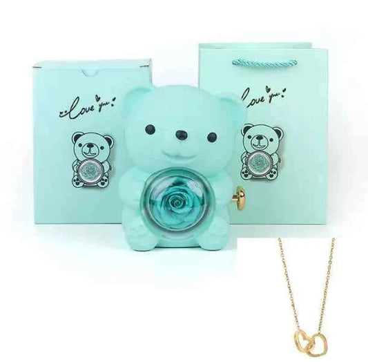 Rotating Bear with Real Rose & Double Heart Necklace Gift Box