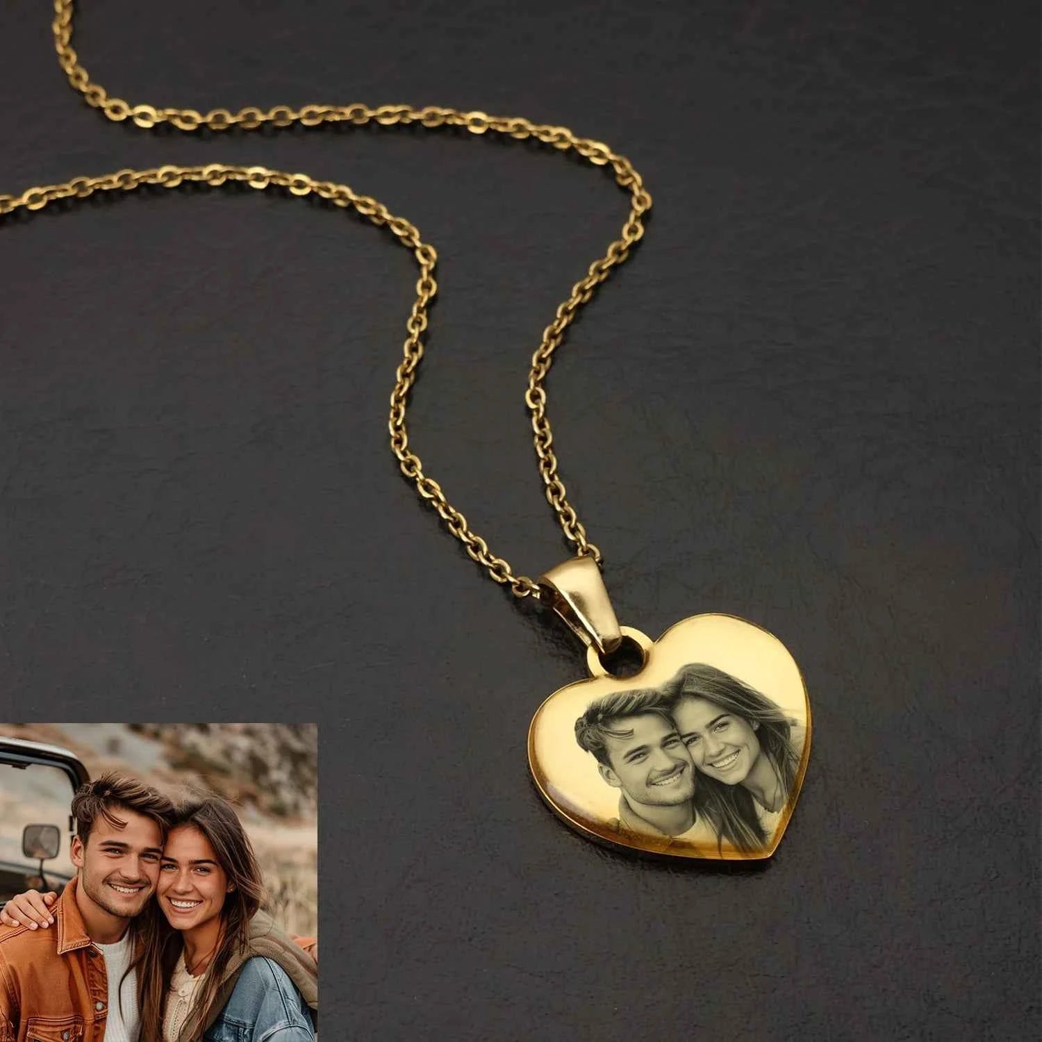 Personalized Heart Necklace Engraved Photo Necklace Customized Heart Pendant Chain Necklace Jewelry Gift