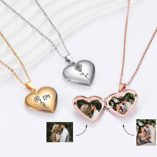 Custom Personalized Heart Birth Flower Locket Necklace for Women Stainless Steel Photo Locket