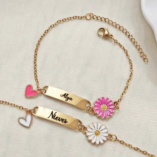 Personalized stainless steel engraved bracelet with daisy sunflower and colorful heart