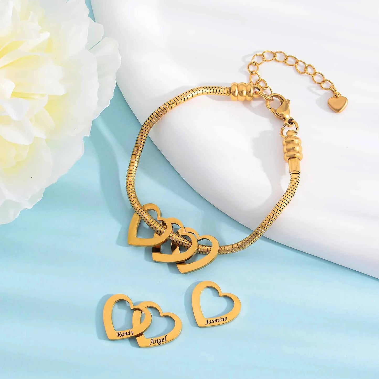 Personalized Stainless Steel Heart Charm Bracelets for Women Custom Engraved Family Name Adjustable