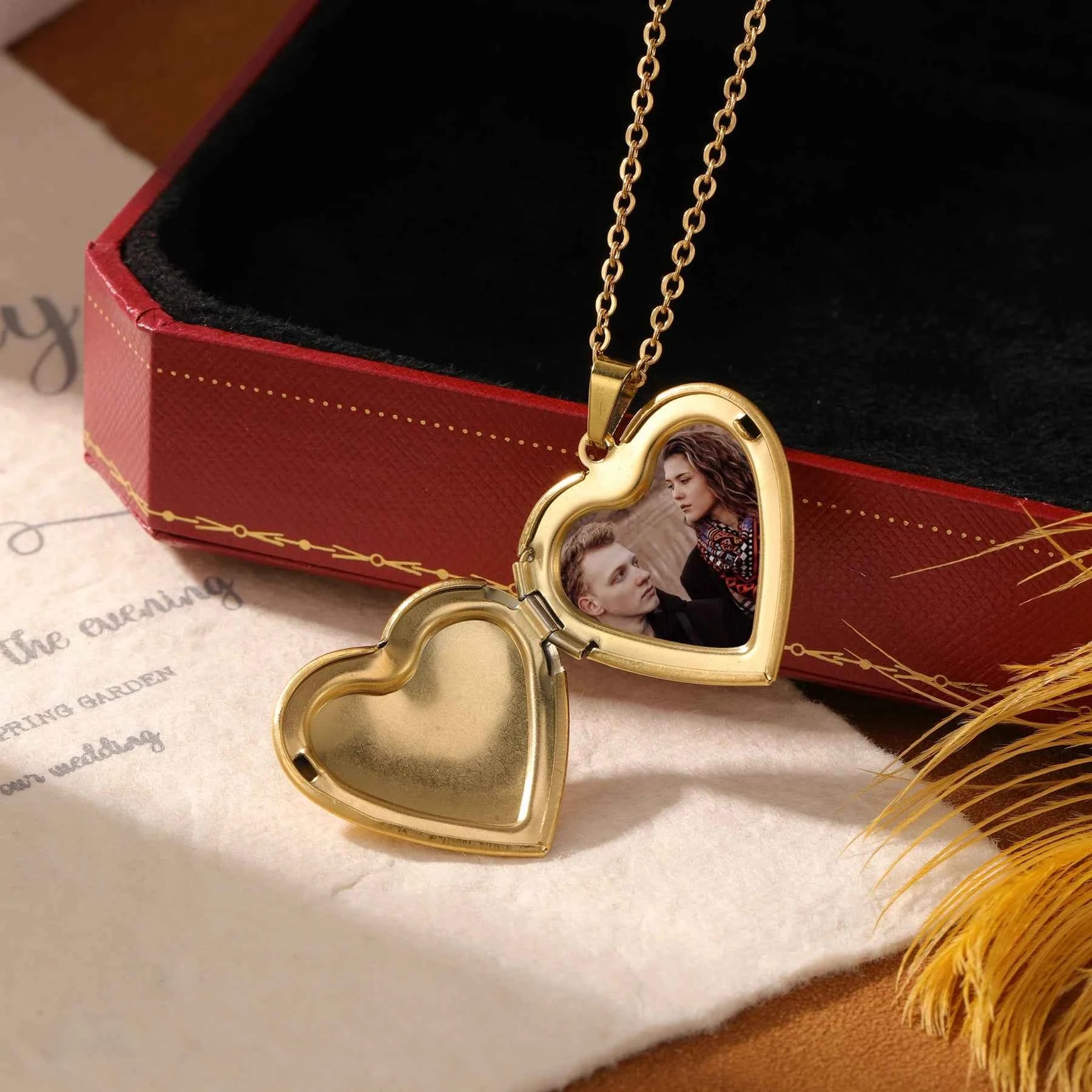 Personalized Photo Engraved Date Name with Heart Locket Charm Necklace