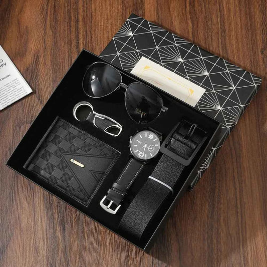 New Men Gift Set with Box Watch Keychain Sunglasses Belt and Wallet
