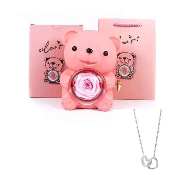 Double Heart Necklace Bear With Real Rose & Gift Box