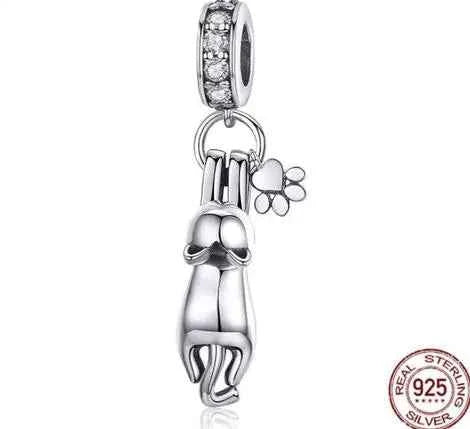 Charming Cat Pendant, S925 Silver with Zirconia Beads