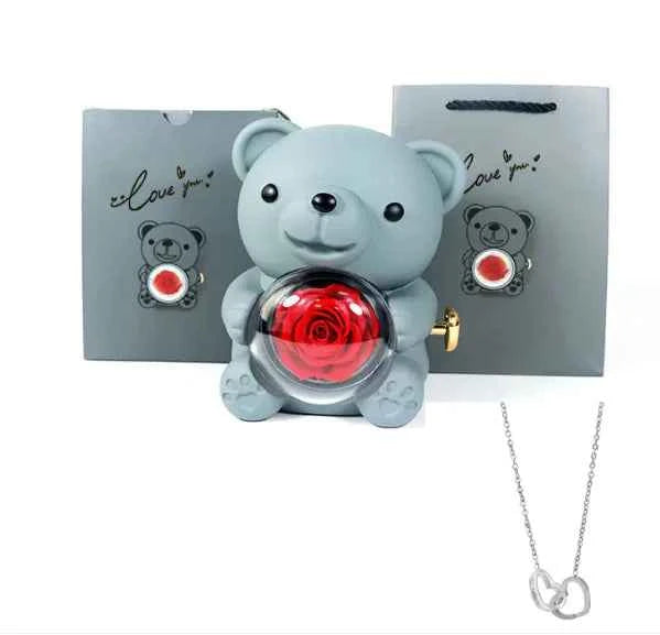 Double Heart Necklace Bear With Real Rose & Gift Box