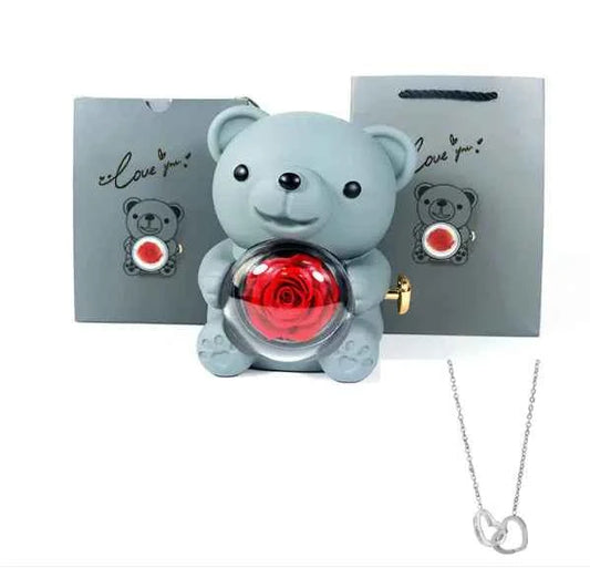 Double Heart Necklace Bear With Real Rose & Gift Box