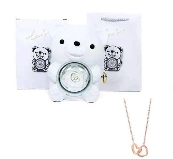Double Heart Necklace Bear With Real Rose & Gift Box
