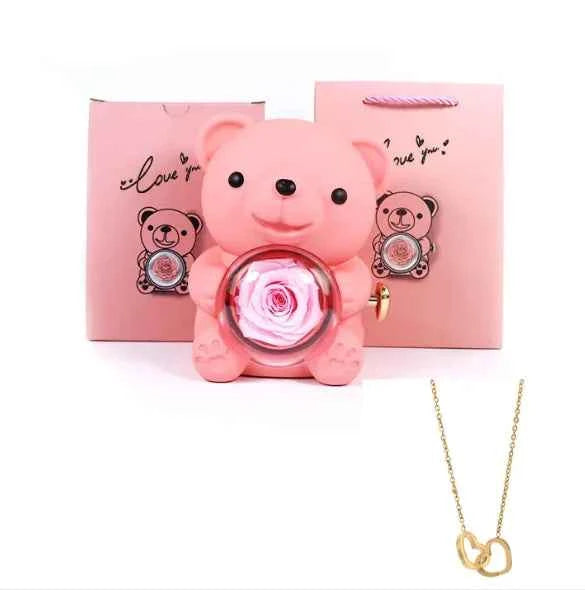 Double Heart Necklace Bear With Real Rose & Gift Box